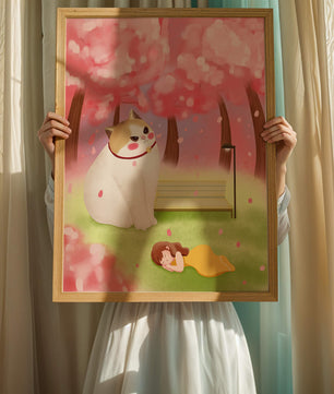 Whimsical scene with giant cat and girl under cherry blossoms