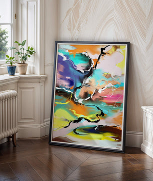 Pintura abstracta colorida con líneas vibrantes y dinámicas