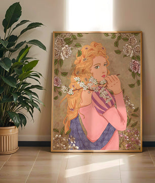 Ilustración floral romántica de una mujer con cabello largo y flores en flor