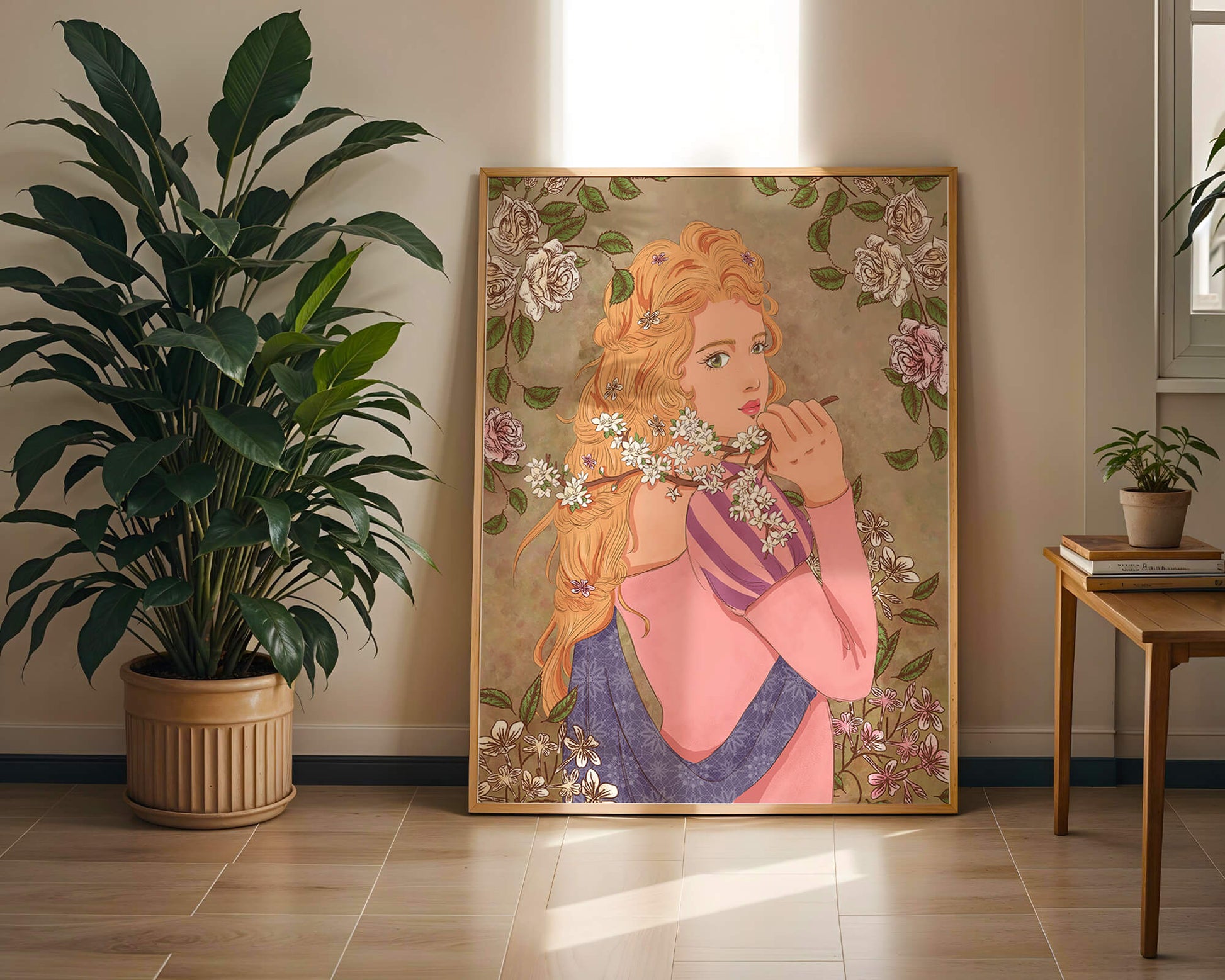 Ilustración floral romántica de una mujer con cabello largo y flores florecientes