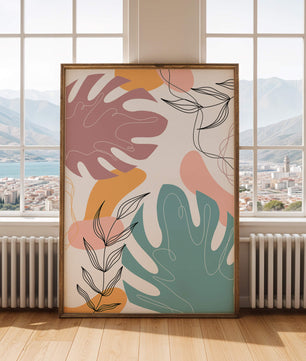 Illustration botanique abstraite avec des motifs de feuilles colorés
