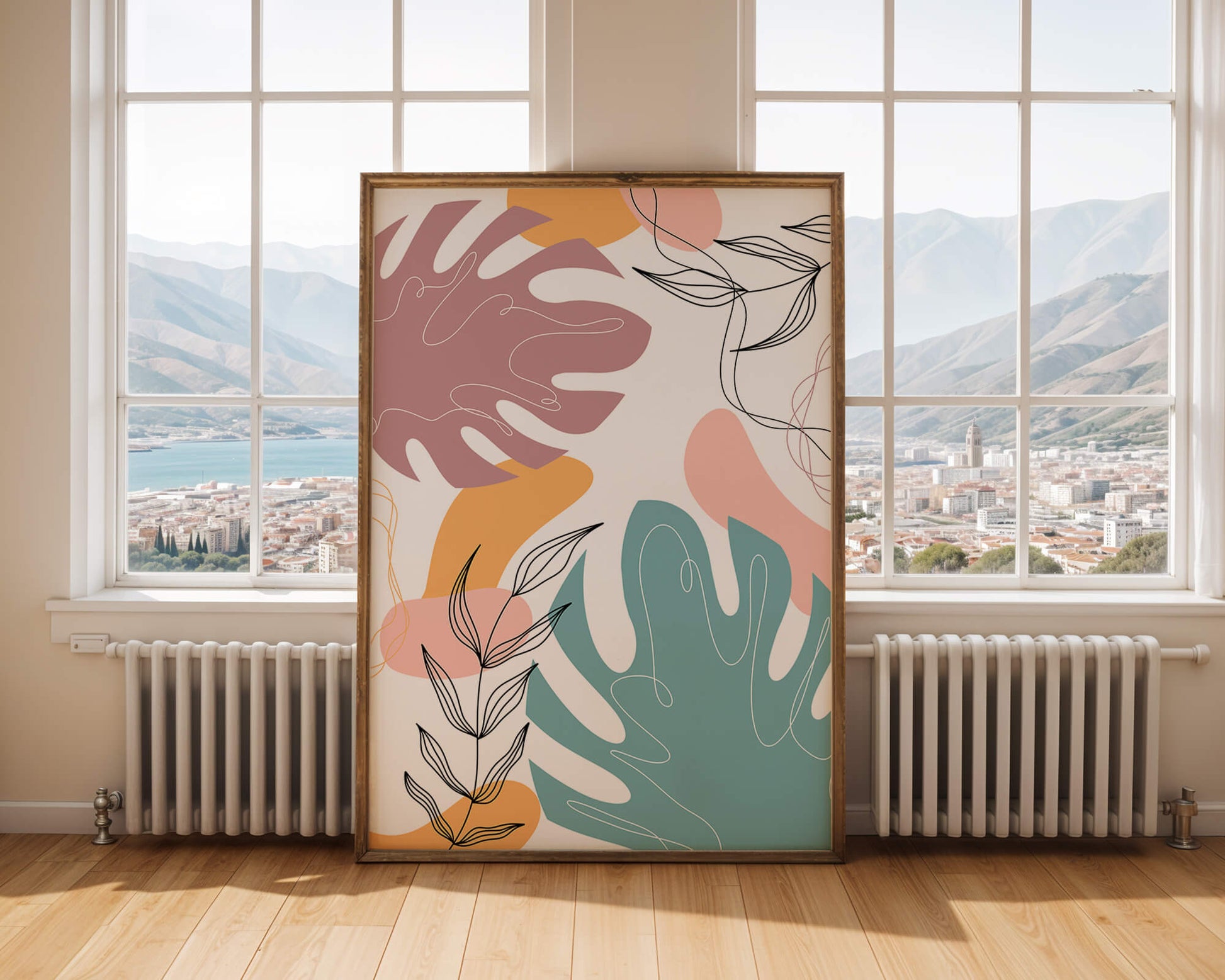 Abstract botanical illustration with colorful leaf patterns