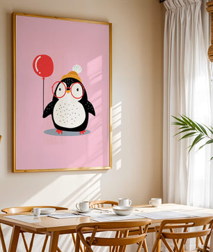 Ilustración adorable de un pingüino con globo y gafas