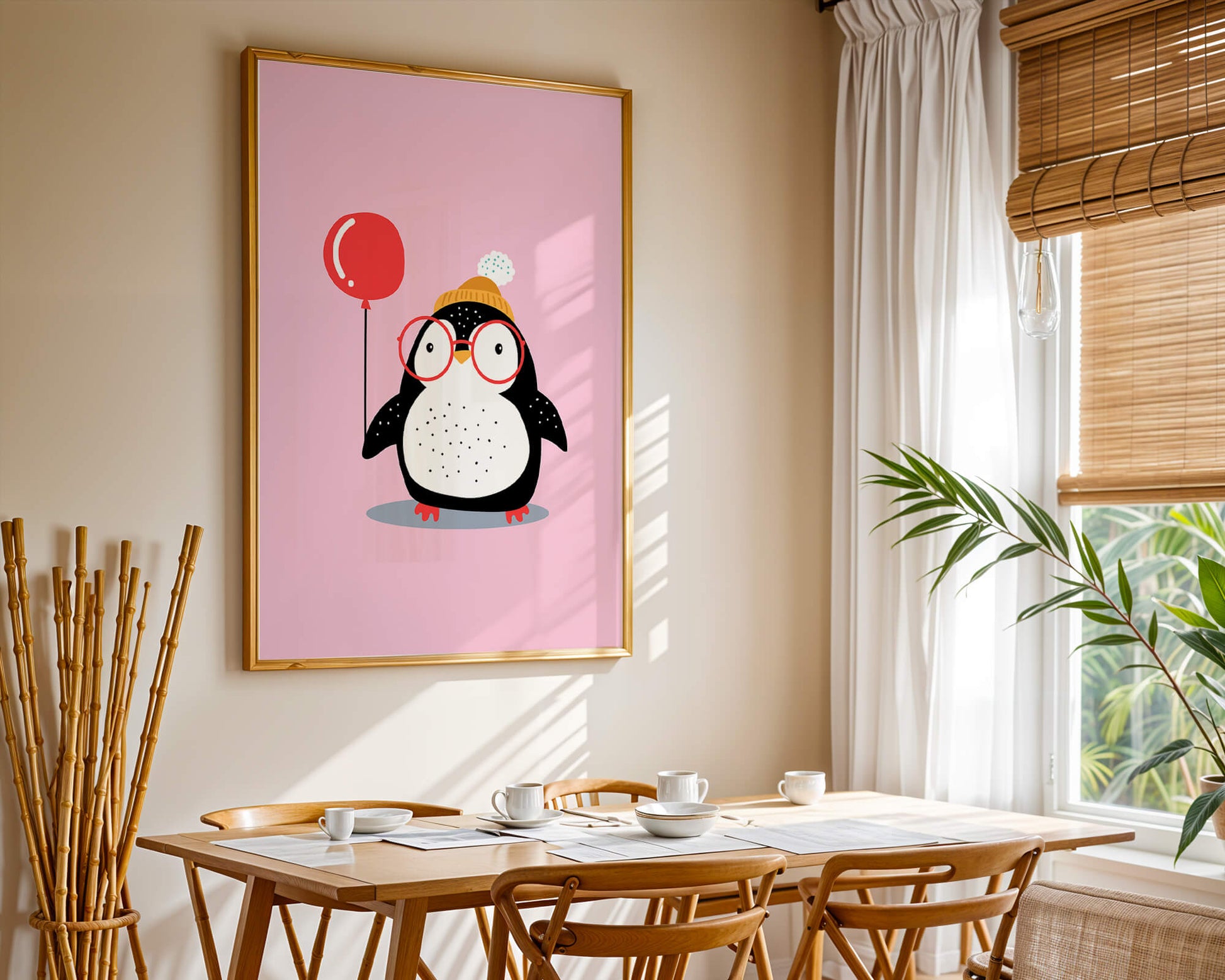 Adorable penguin with balloon and glasses illustration