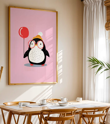 Adorable penguin with balloon and glasses illustration