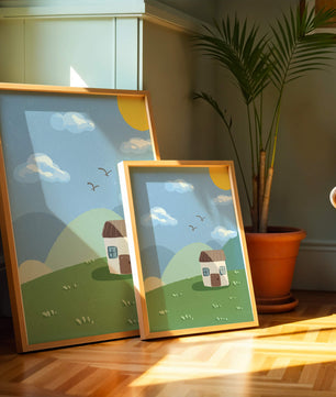 Illustration of a small house on a sunny hillside with clouds in a blue sky