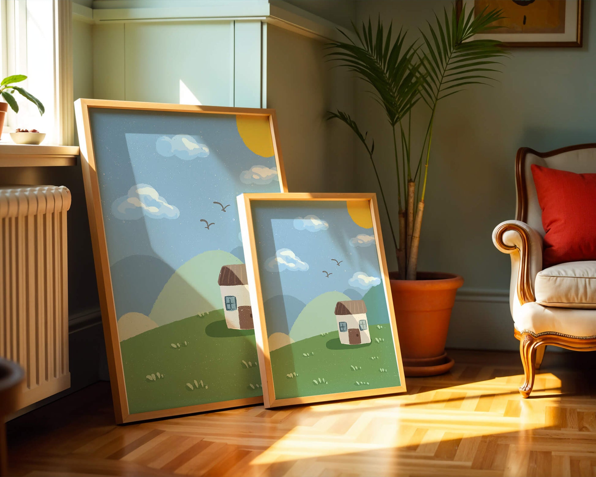 Illustration of a small house on a sunny hillside with clouds in a blue sky