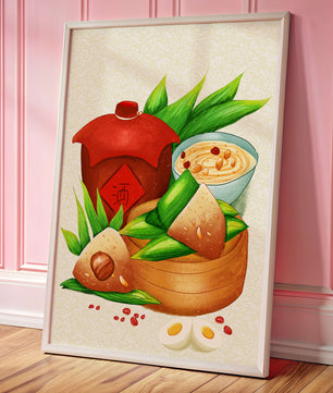 Illustrated traditional Chinese food with zongzi and rice wine