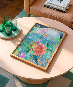 Kunst abstrak bunga yang berwarna-warni dengan bunga dan daun yang cerah