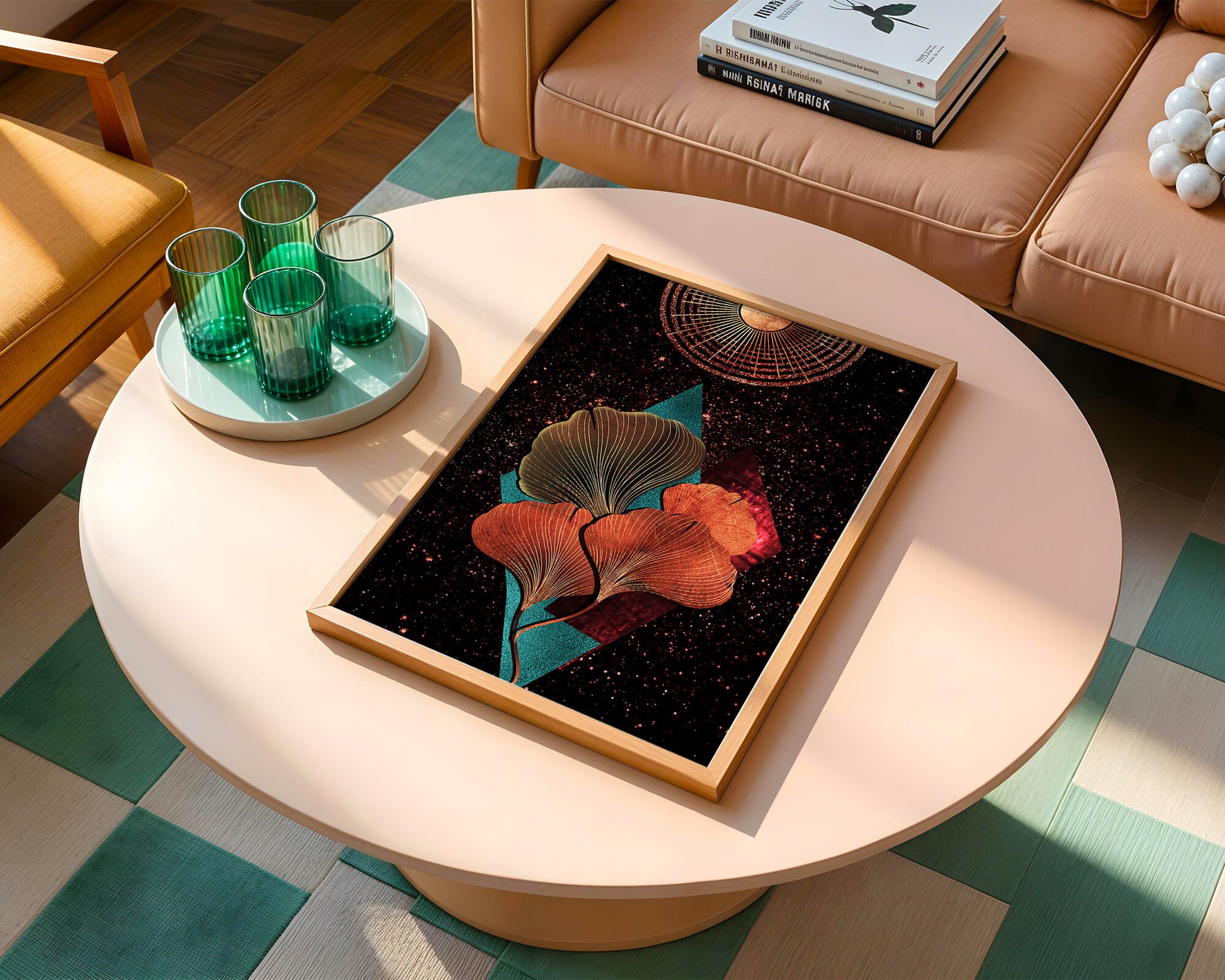 Traducción al español: Ilustración floral cósmica abstracta con elementos geométricos y acentos dorados