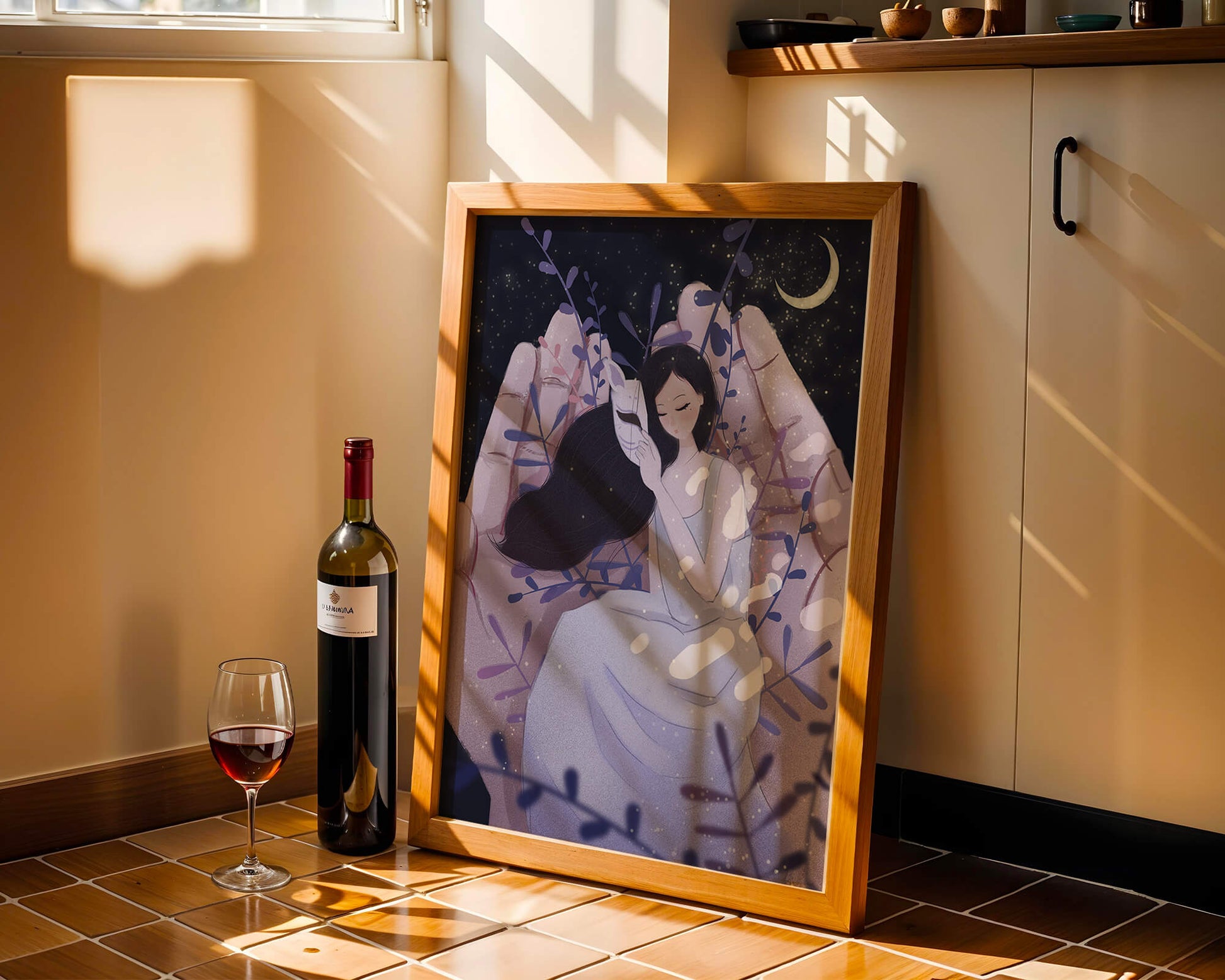 Un momento tierno bajo la luz de la luna con máscara y atmósfera onírica