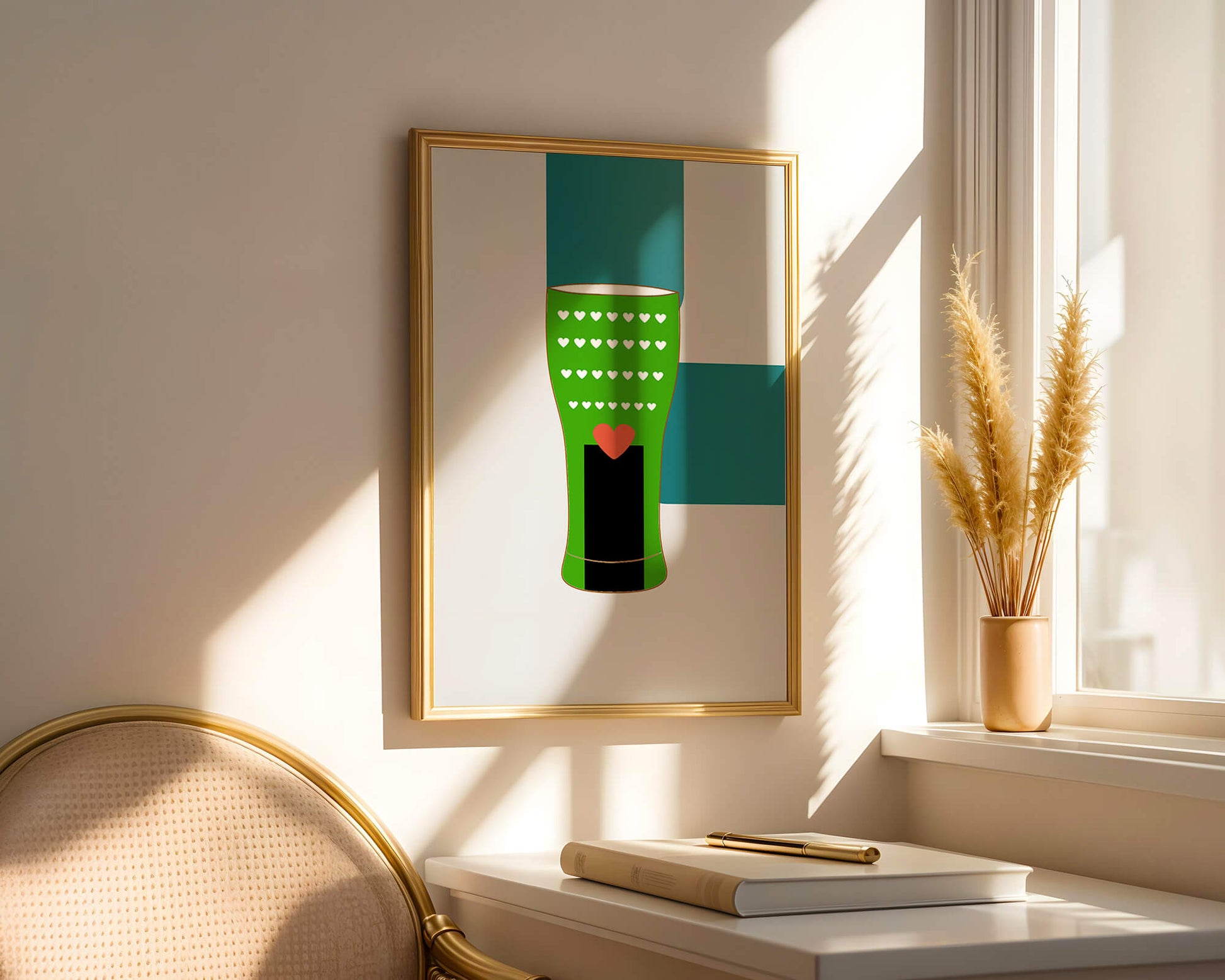 Green vase with heart pattern and minimalistic design