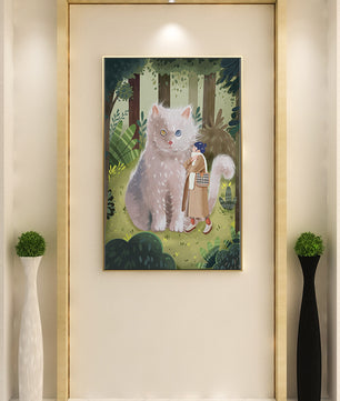 Verzauberter Wald mit einer riesigen Katze und einer Frau