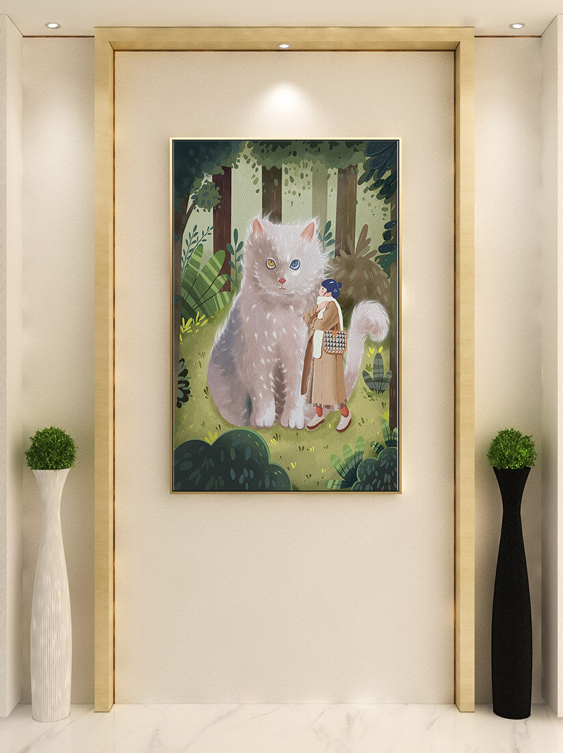 Verzauberter Wald mit einer riesigen Katze und einer Frau