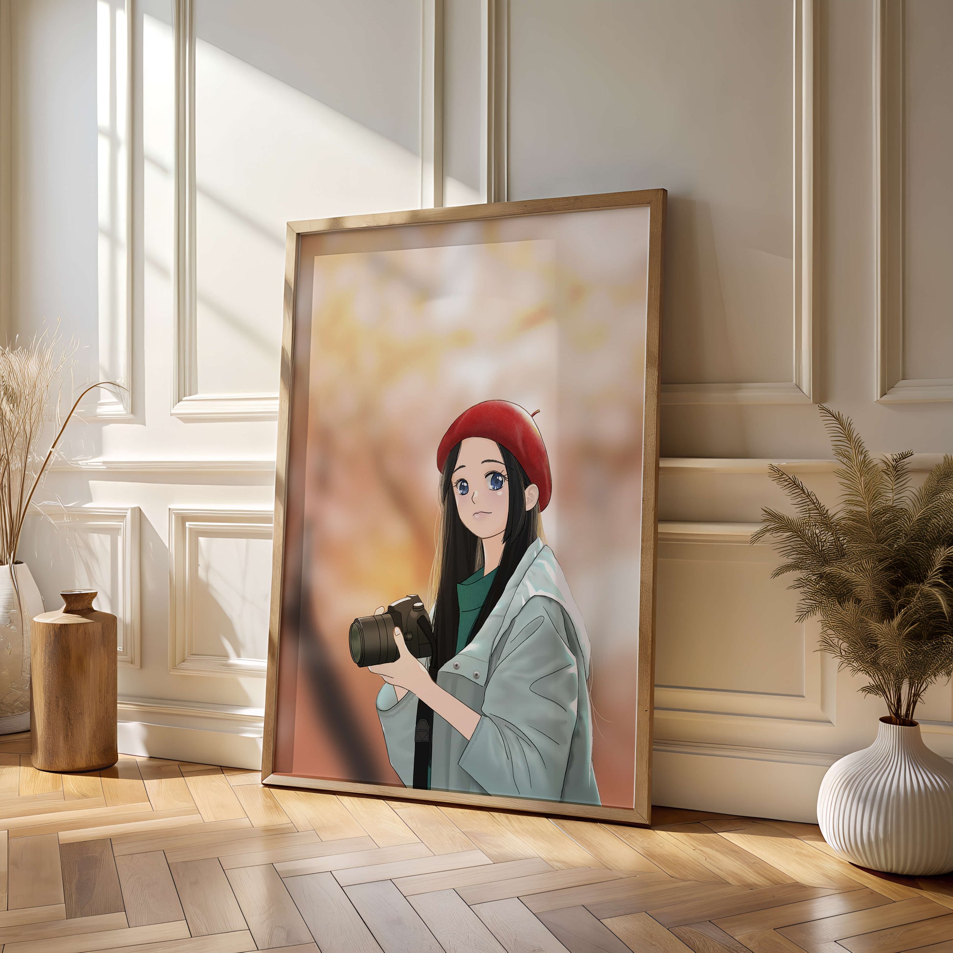 Anime girl in red beret holding camera during autumn