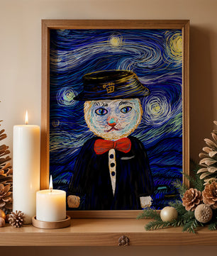 Whimsical cat character against starry night sky background