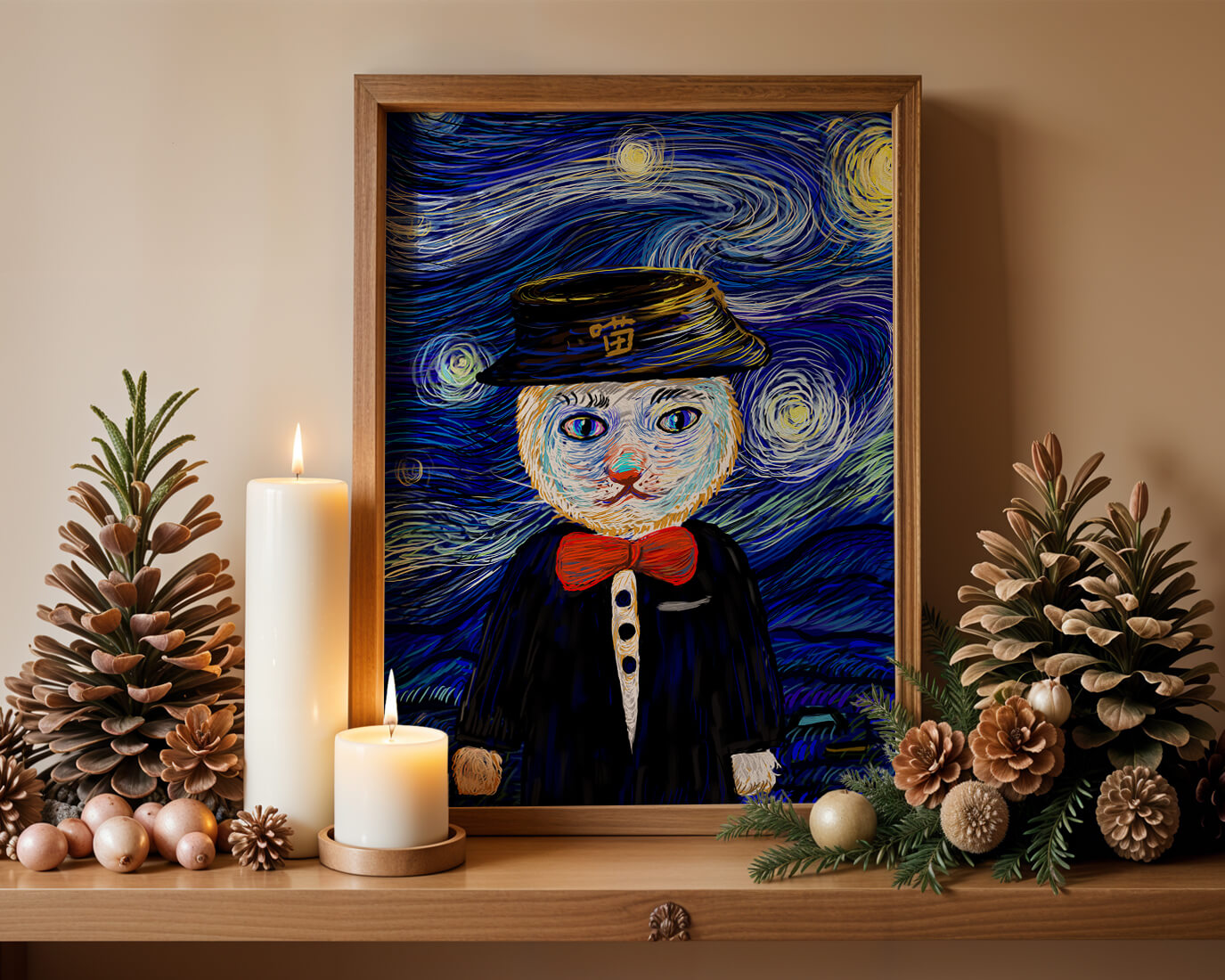 Whimsical cat character against starry night sky background