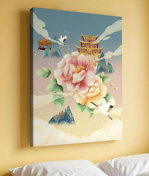 Elegant Asian Landscape With Pagoda, Cranes, and Peonies