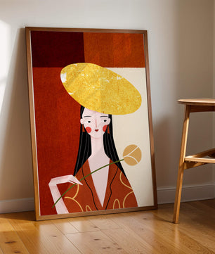 Elegant Woman with a Gold Hat and a Flower on a Red Background - Mi tienda