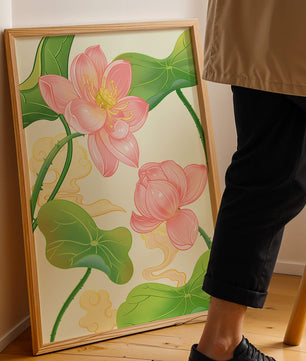 Illustration of pink lotus flowers with green leaves on a pastel background