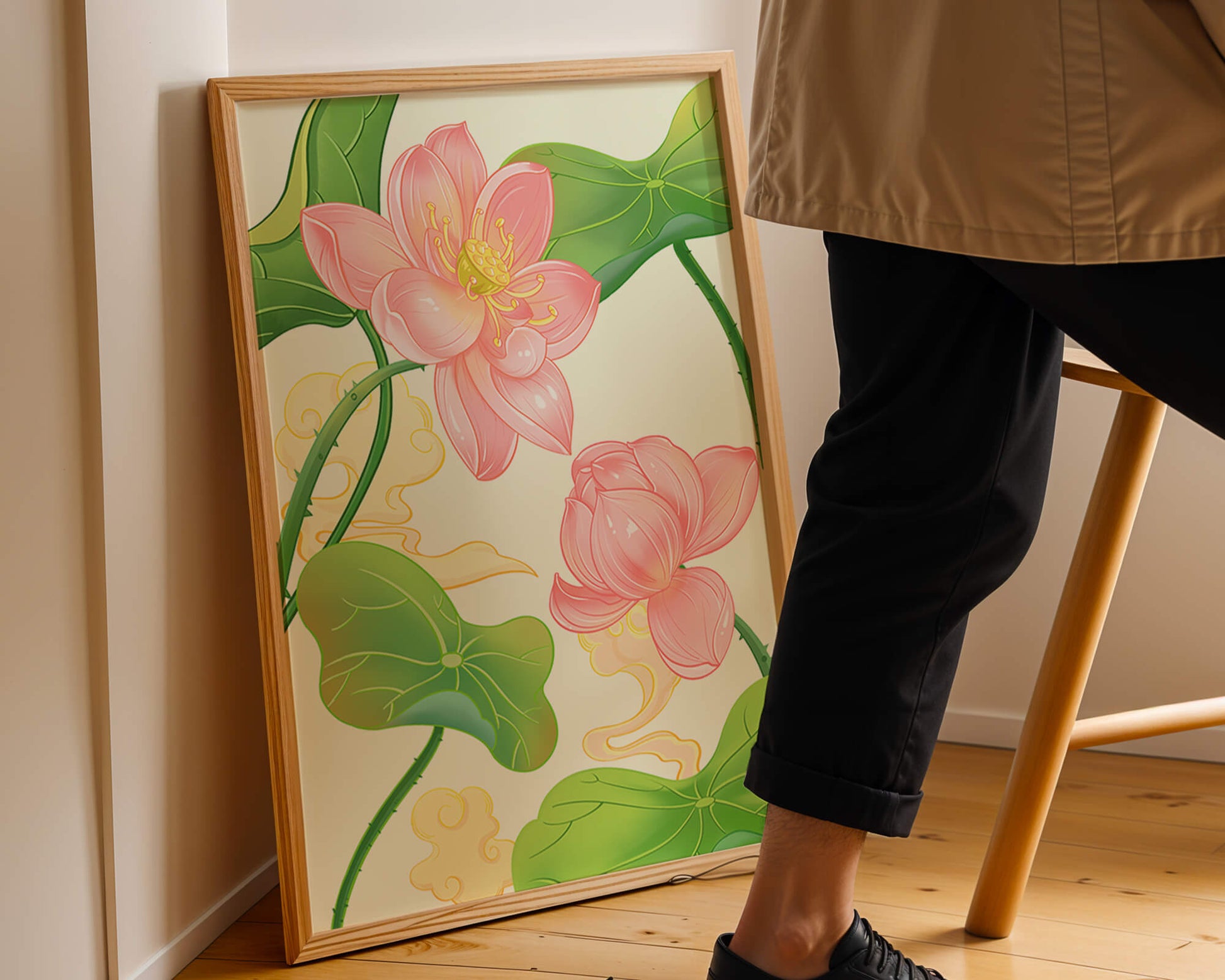 Illustration of pink lotus flowers with green leaves on a pastel background