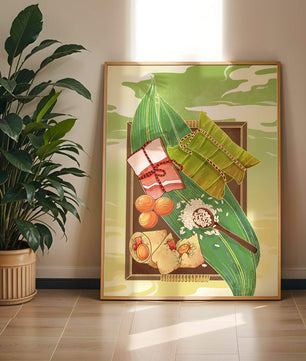 Traditional dumplings wrapped in leaves with ingredients on a vibrant background