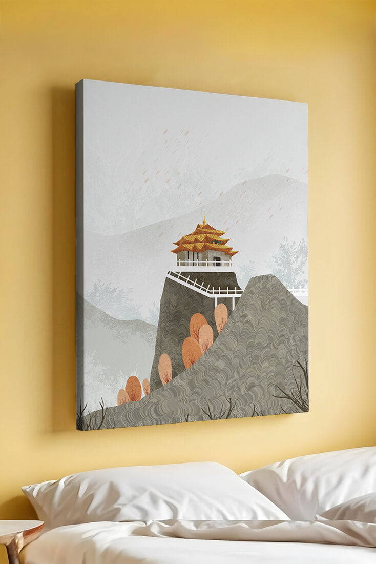 Serene mountain landscape with traditional Asian architecture