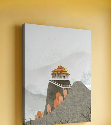 Serene mountain landscape with traditional Asian architecture