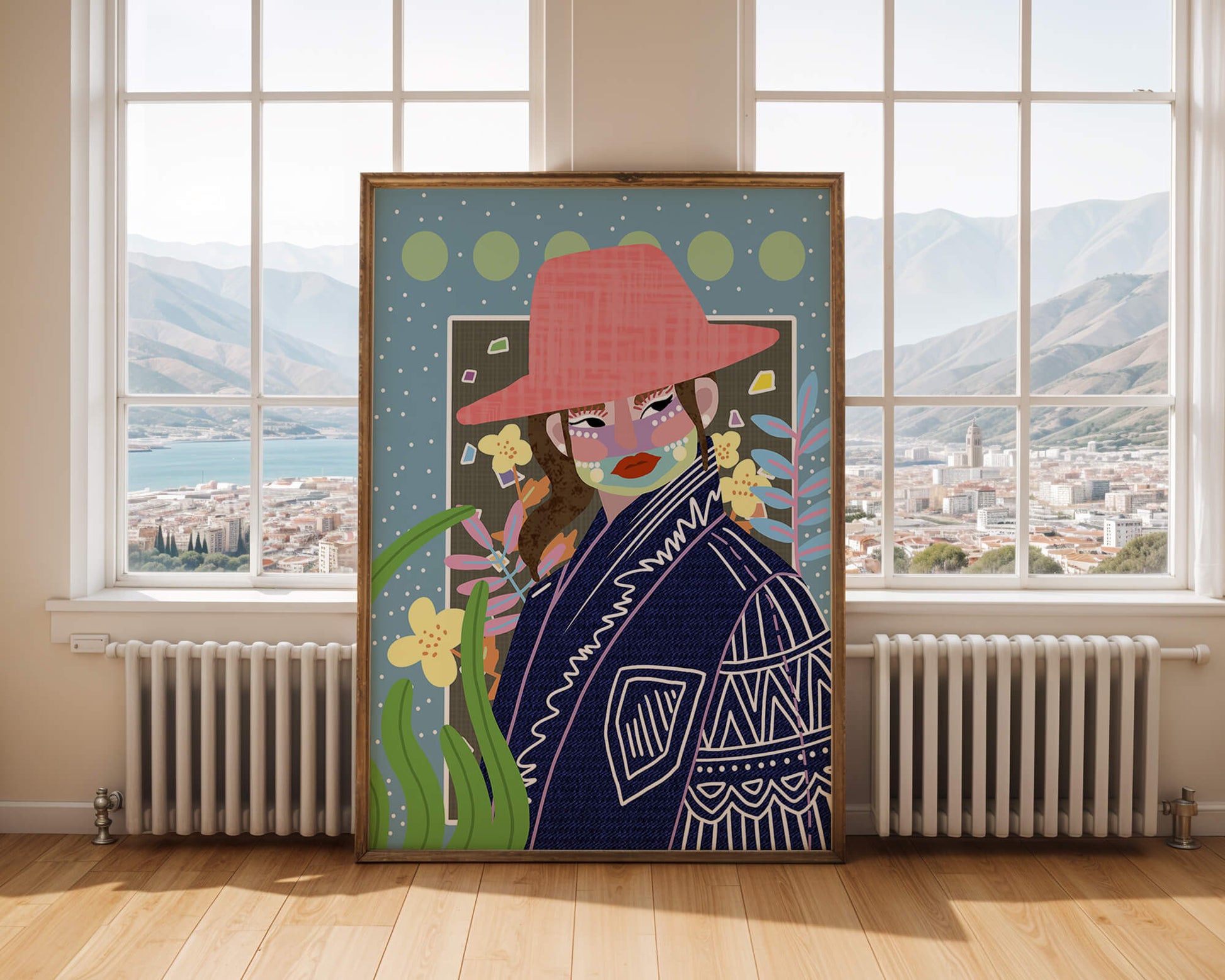 Retrato colorido con patrones y elementos abstractos