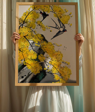 Representación artística de golondrinas entre flores amarillas vibrantes