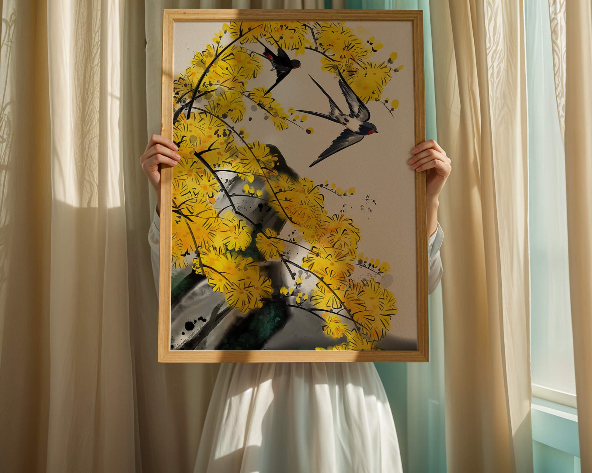 Artistic depiction of swallows amid vibrant yellow blossoms