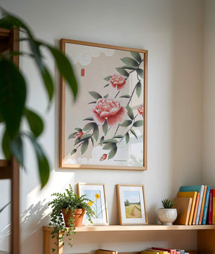 Oriental floral illustration with pink peonies and calligraphy