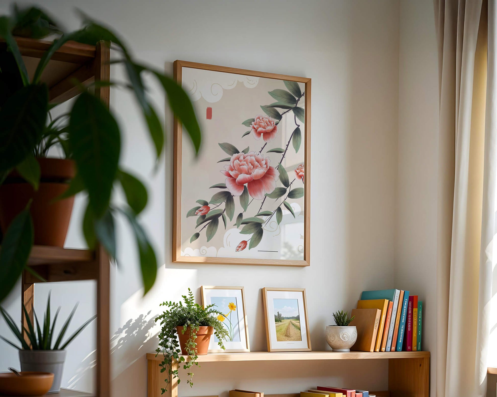 Oriental floral illustration with pink peonies and calligraphy