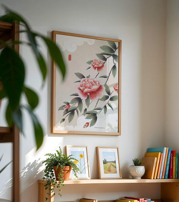 Oriental floral illustration with pink peonies and calligraphy