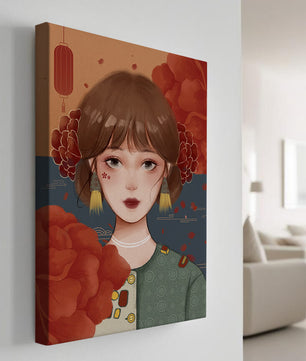 Digital art of a girl with floral and lantern elements