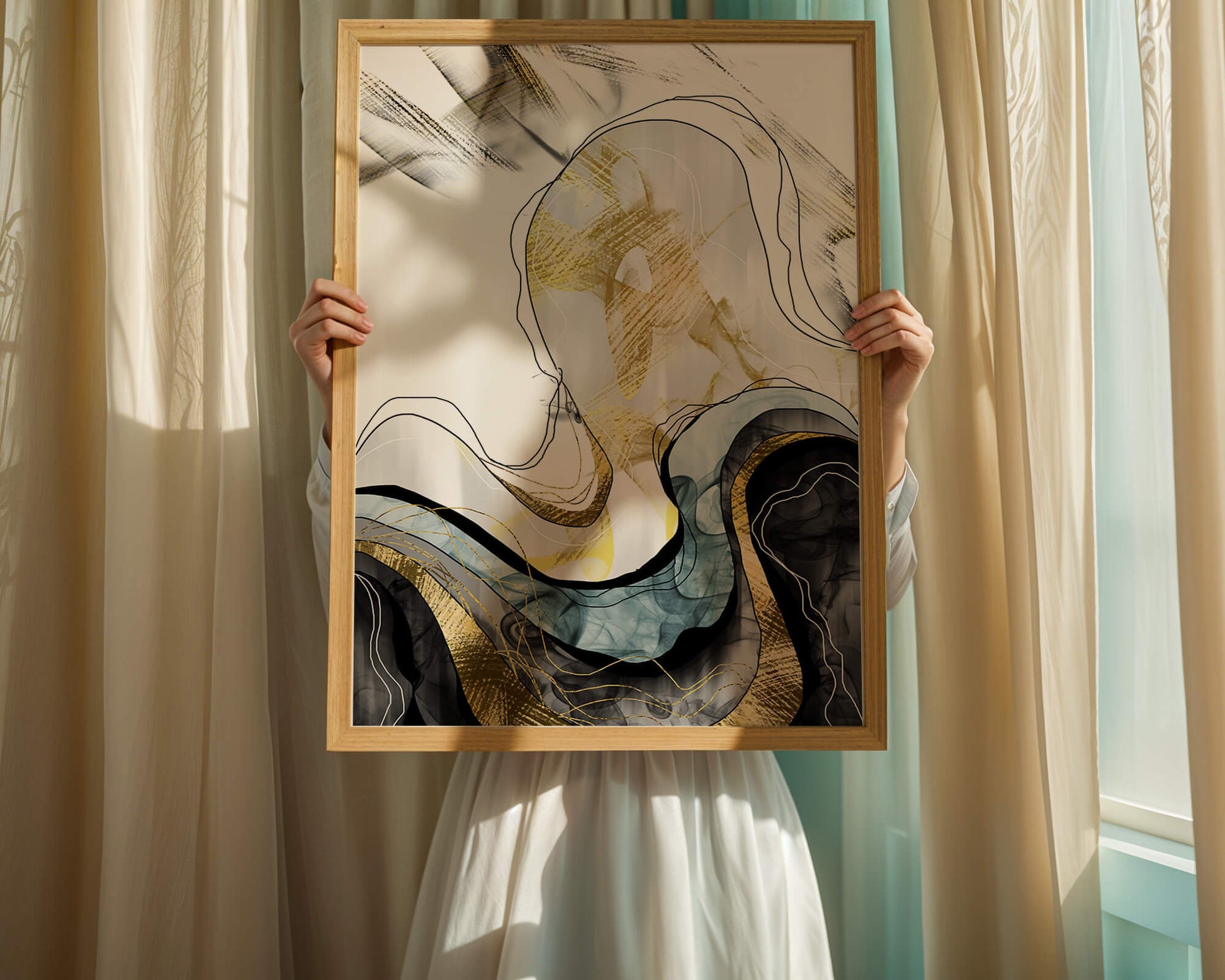 Arte abstracto con líneas fluidas y detalles dorados