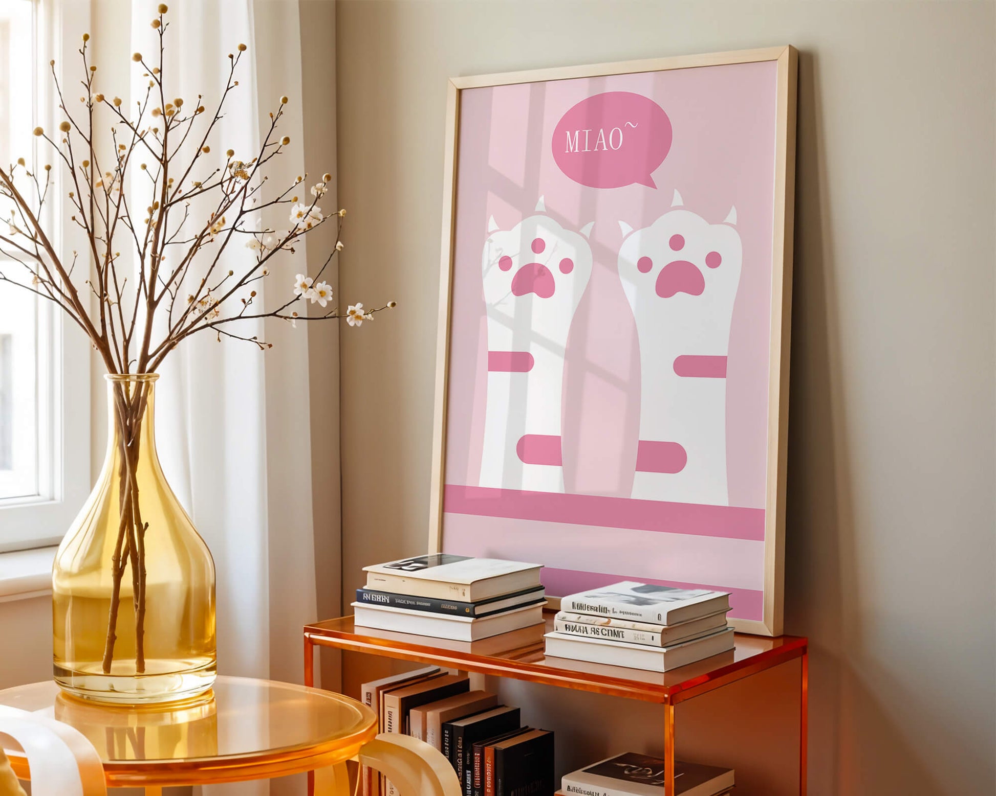Playful cat paws illustration with speech bubble saying "Miao"