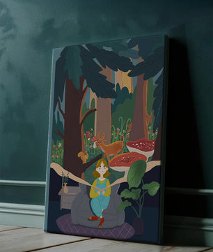 Figura femenina pacífica con criaturas del bosque y vegetación verde exuberante