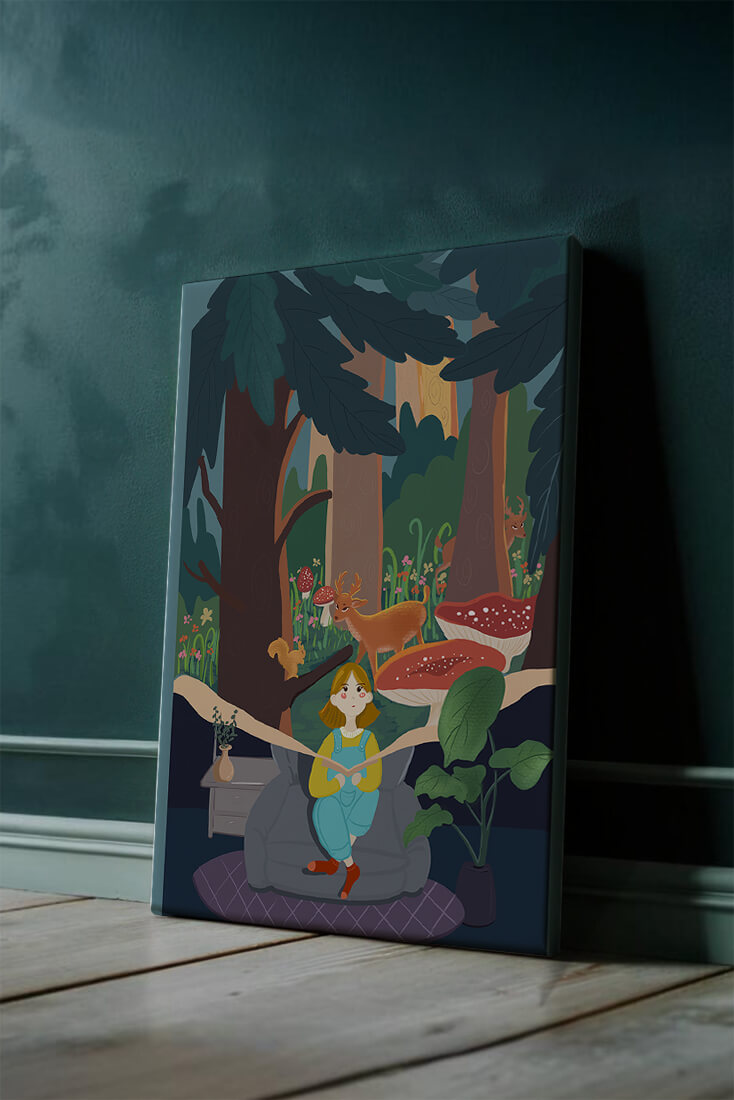 Figura femenina pacífica con criaturas del bosque y vegetación verde exuberante