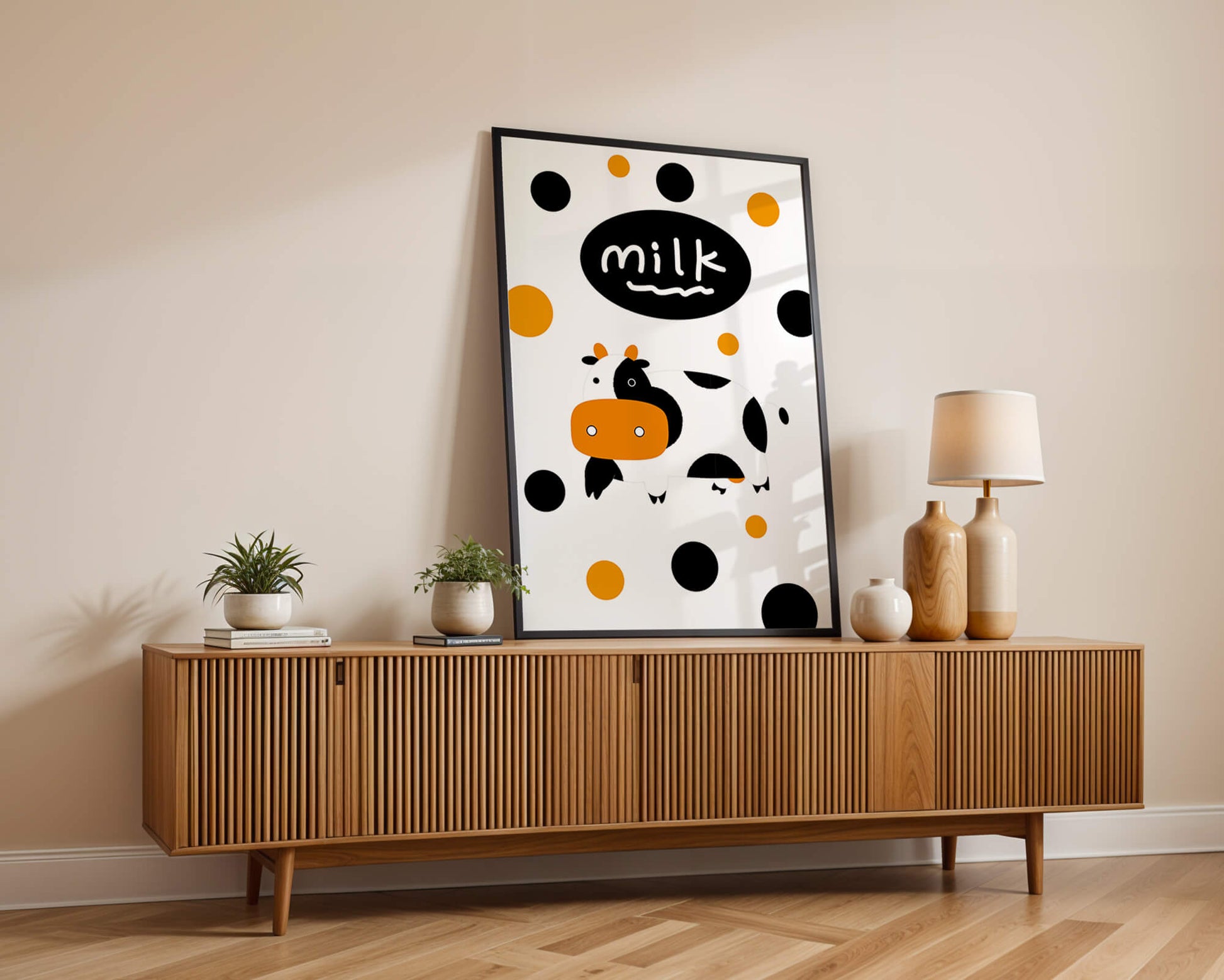 Illustrated cow with modern design and abstract elements