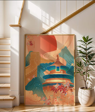 Illustration of Chinese architecture with the Great Wall and nature elements