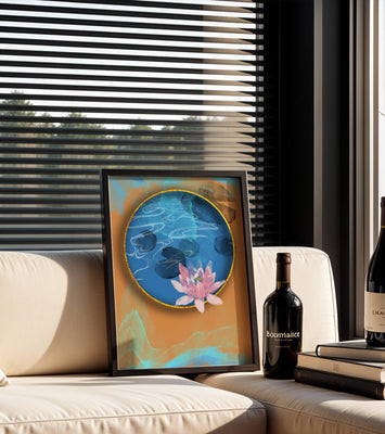 Abstract water lily art with gold accents on blue and orange background