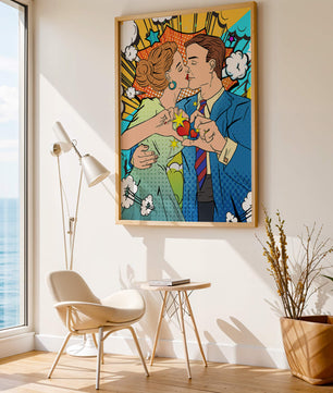 Ilustración de estilo pop art romántico de una pareja besándose con elementos cómicos