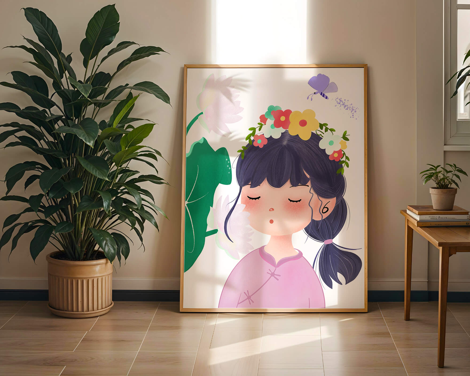 Whimsical illustration of a girl with a flower crown and butterfly
