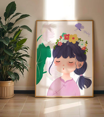 Whimsical illustration of a girl with a flower crown and butterfly
