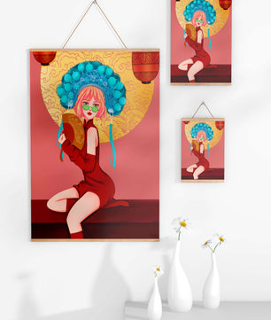 Elegante Illustration einer Frau in traditioneller Kleidung mit einem Fächer