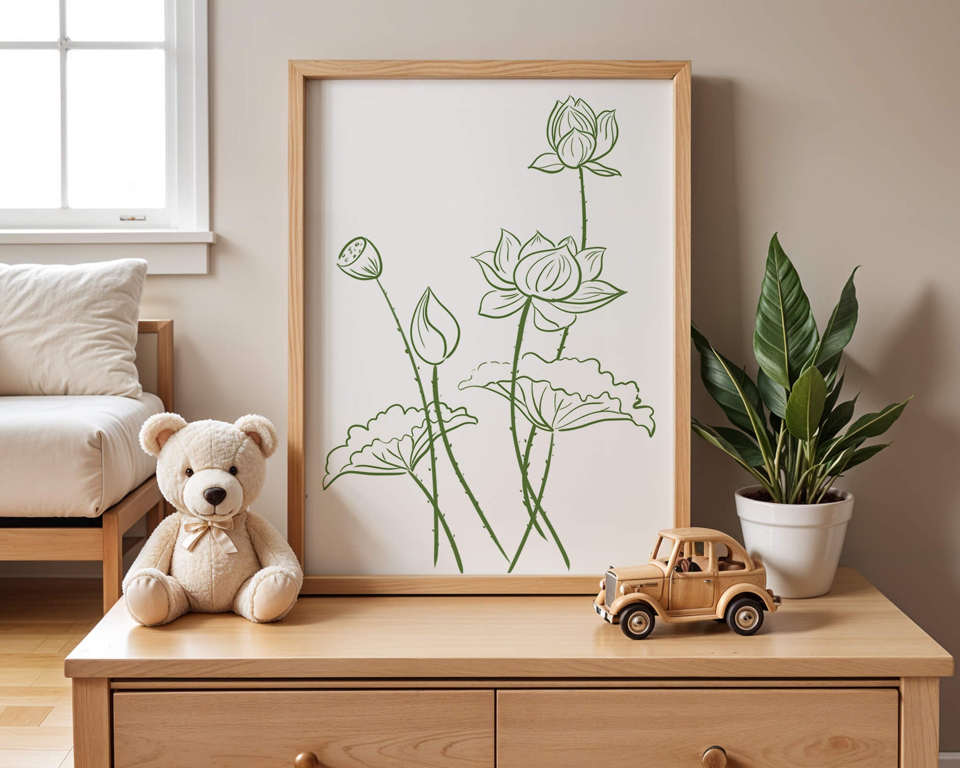 Ilustración de arte lineal verde de flores de loto con capullos