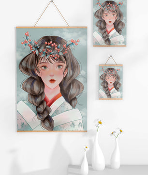Illustration d'une jeune femme avec une coiffe florale sur fond de ciel nuageux
