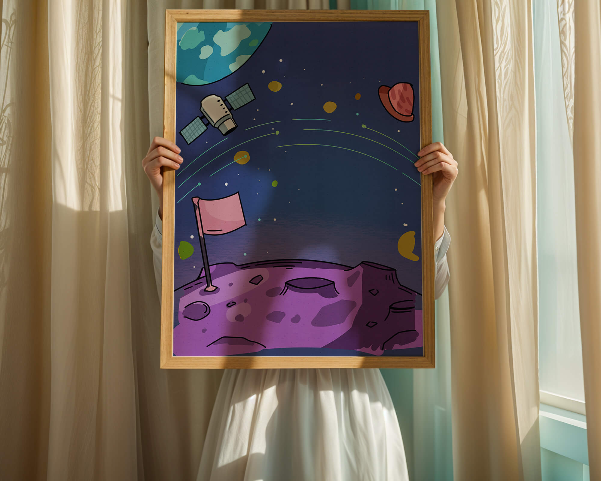 Illustration of outer space scene with planets and satellite