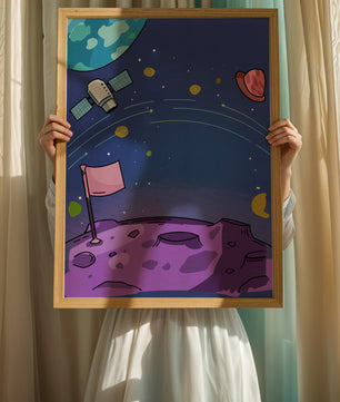 Illustration of outer space scene with planets and satellite